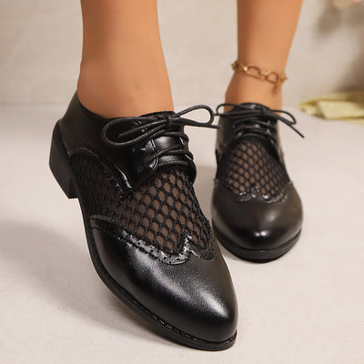 Retro Soft Leather Low Heel Brogue Lace-up Flat Pointed Pumps itouch exclusive botique