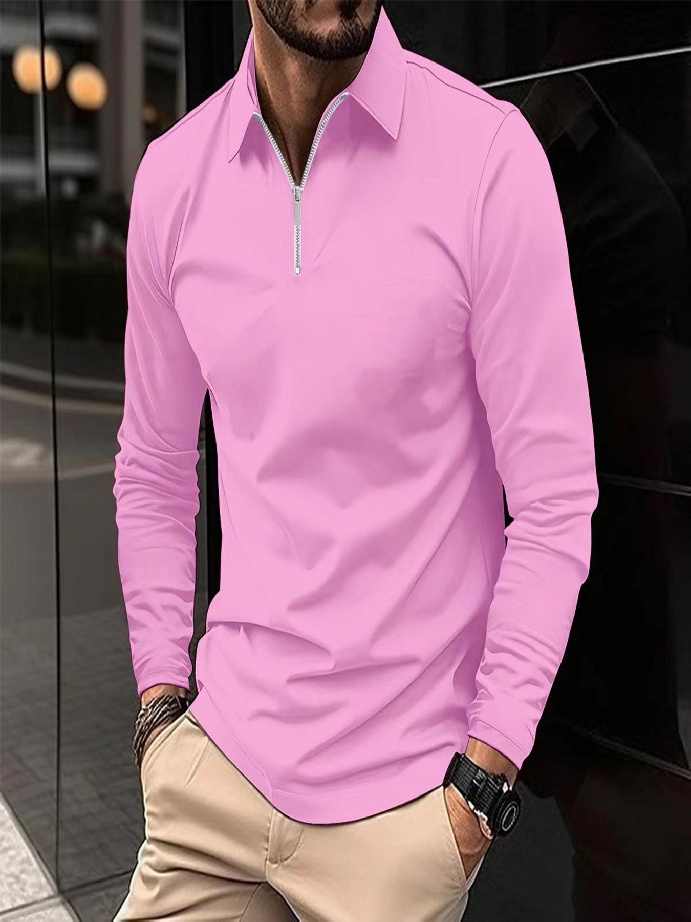 Zipper Men's Solid Color Long Sleeve Sports Polo Shirt iTouch Exclusive Boutique