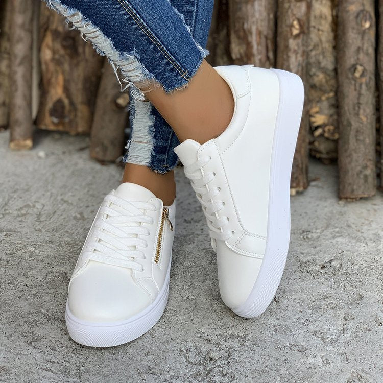 Women's Versatile Leather Side Zipper Casual Sports Shoes