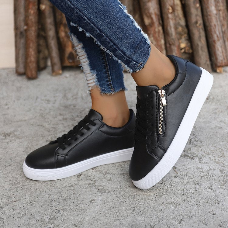 Women's Versatile Leather Side Zipper Casual Sports Shoes