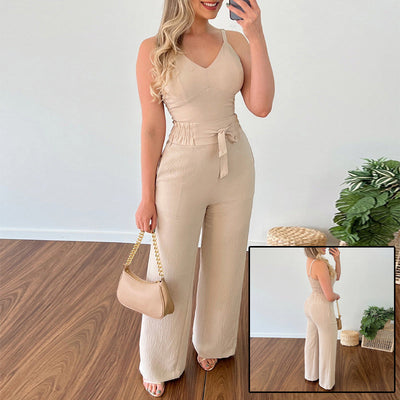 Women's Solid Color Slim Elastic Pleated Two-Piece Suit Sexy Spaghetti Strap V-neck Backless Vest High Waist Wide Leg Pants Suit itouch exclusive botique