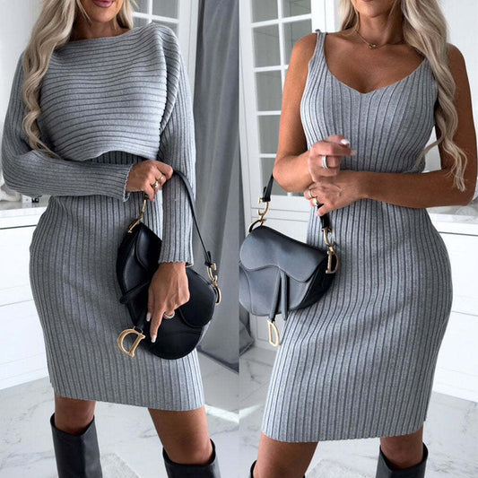 2pcs Suit Women's Solid Stripe Long-sleeved Top And Tight Suspender Skirt Fashion Autumn Winter Slim Clothing iTouch Exclusive Boutique