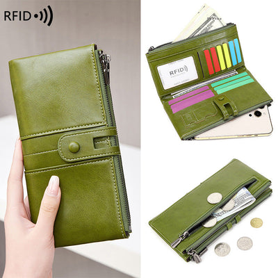Oil Wax Leather Double Zipper Long European And American New Retro Anti-theft Swiping Women's Wallet itouch exclusive botique