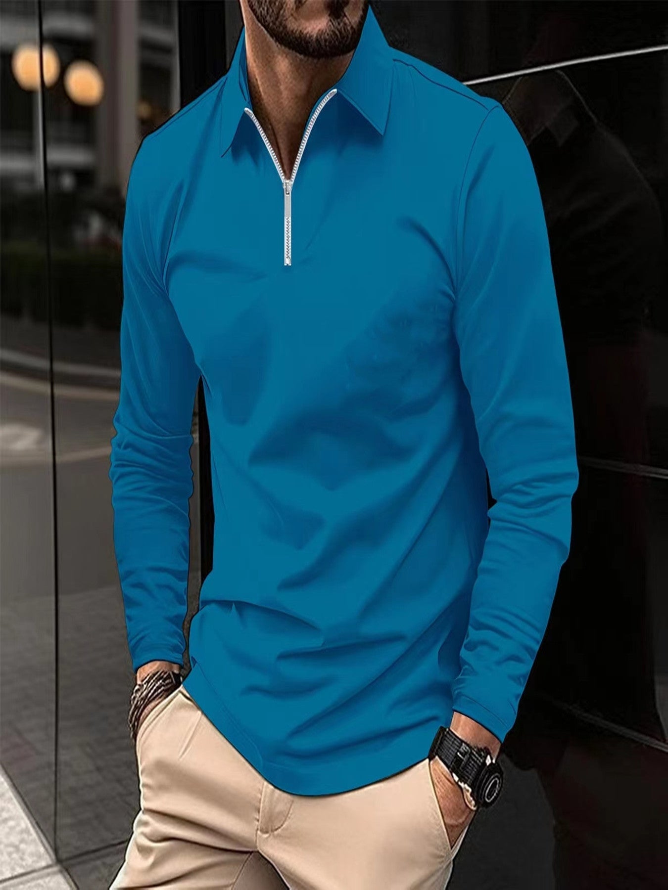 Zipper Men's Solid Color Long Sleeve Sports Polo Shirt iTouch Exclusive Boutique